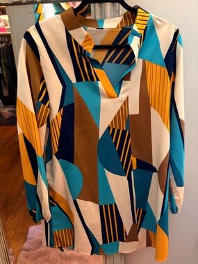 Abstract Patchwork Blouse w Tie